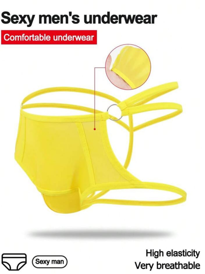 Lace Up Breathable Minimalist Geometric Print Decorative Ring Yellow Thong Underwear